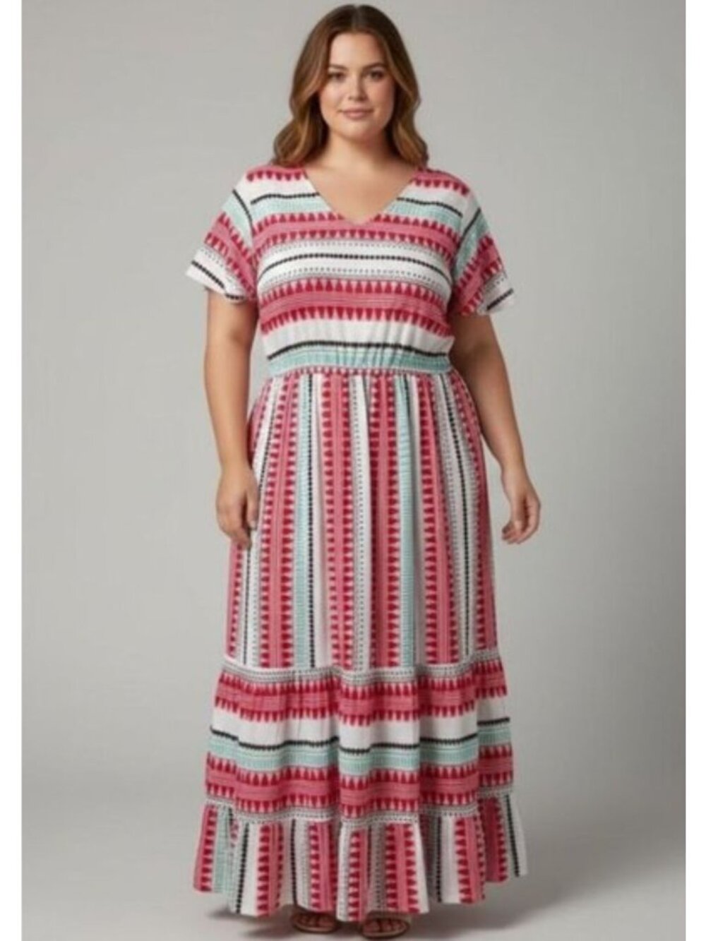 OLIPHANT "Mezcal" Maxi Embroidered Tiered Peasant Dress Red/White/Aqua Women XL